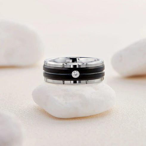 Men's 8mm Tungsten Brushed Black Silver Groove CZ Comfort-Fit Wedding Band